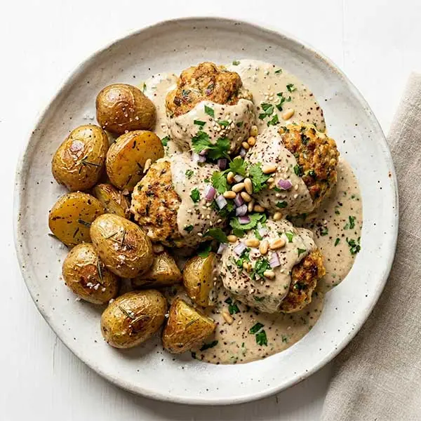 Fish Kofta in Tahini Sauce with Baked Potatoes